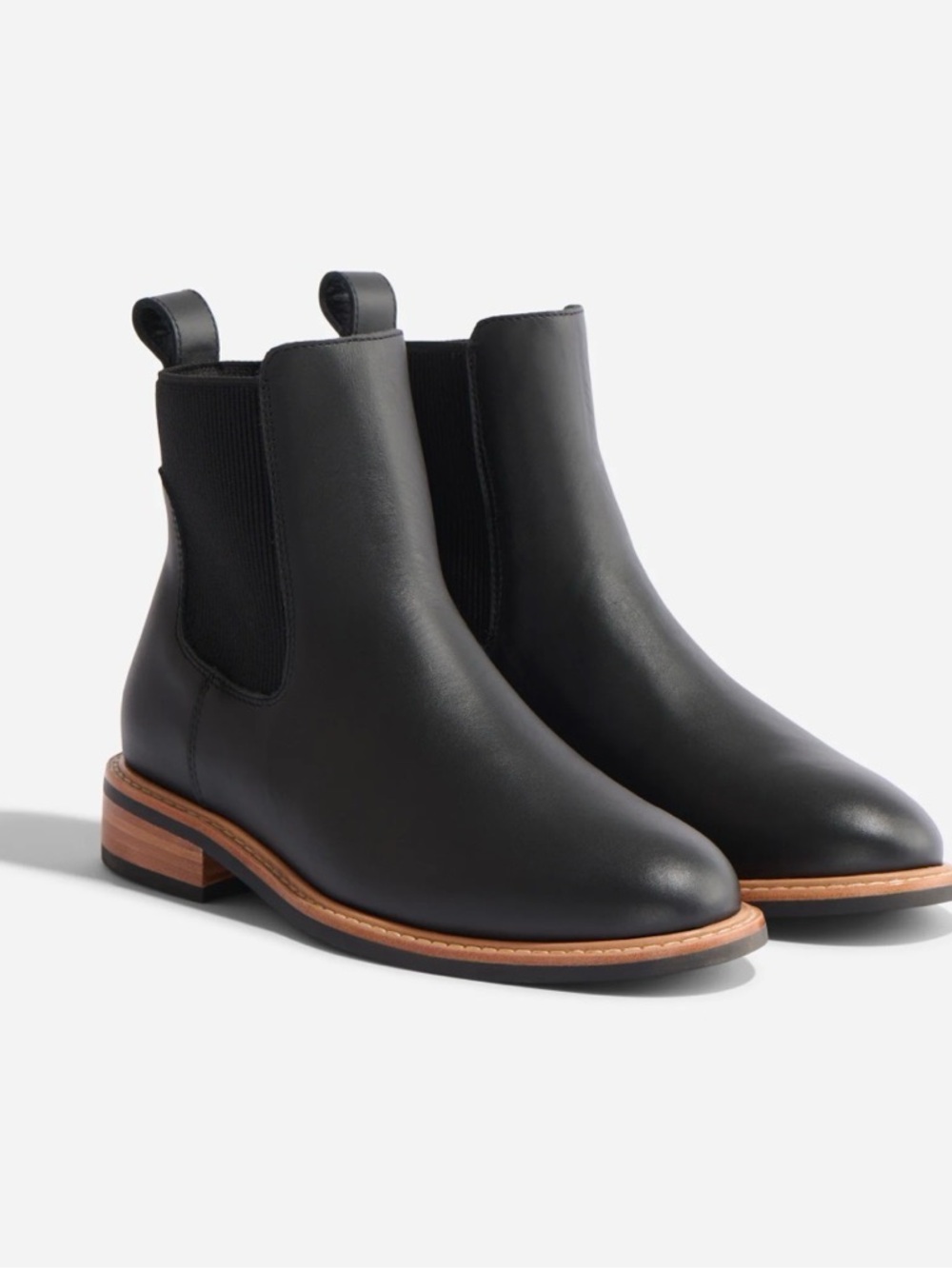 Nisolo Black Leather Chelsea Ankle Boots with Brown Stacked Heel